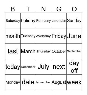 Months & Days Bingo Card