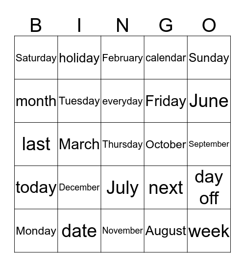 Months & Days Bingo Card