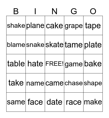 a_e words Bingo Card