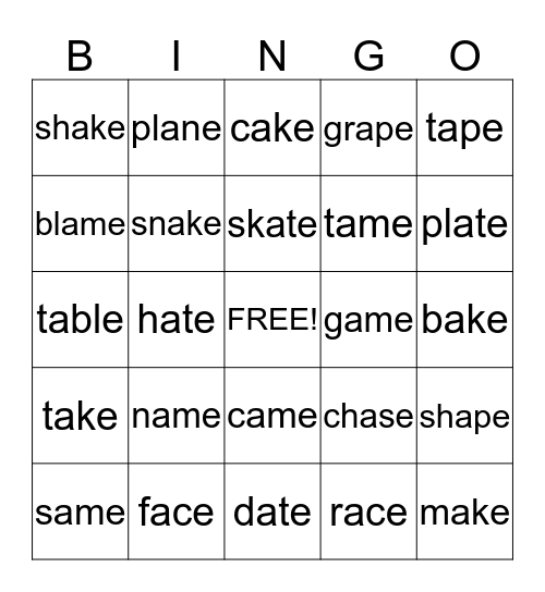a_e words Bingo Card