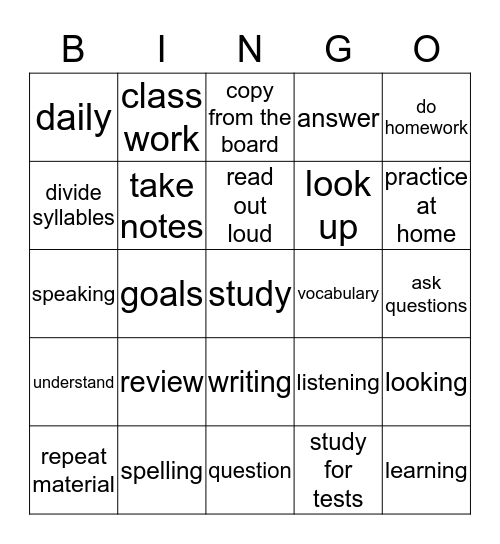 STUDENT LEARNING Bingo Card