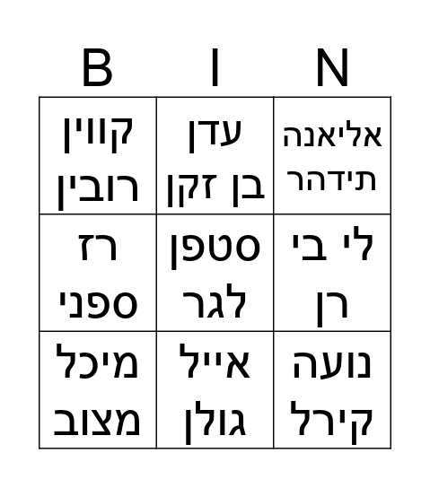 מפורסמים Bingo Card