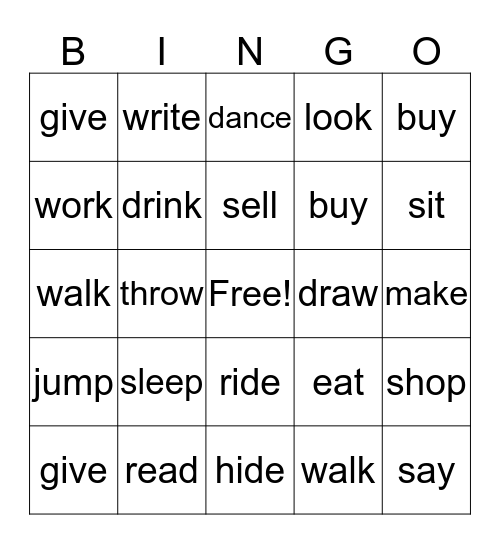 Past Tense Bingo Card