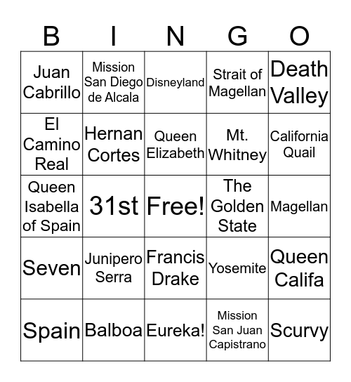 CA History Bingo Card