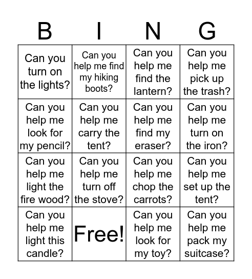 Can you help me (verb)_____? Bingo Card
