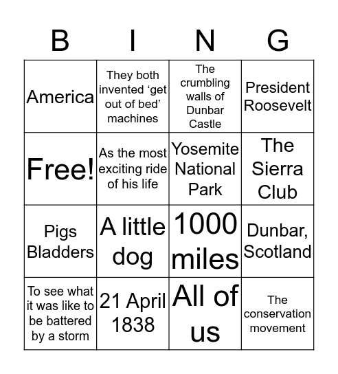 John Muir Bingo Card