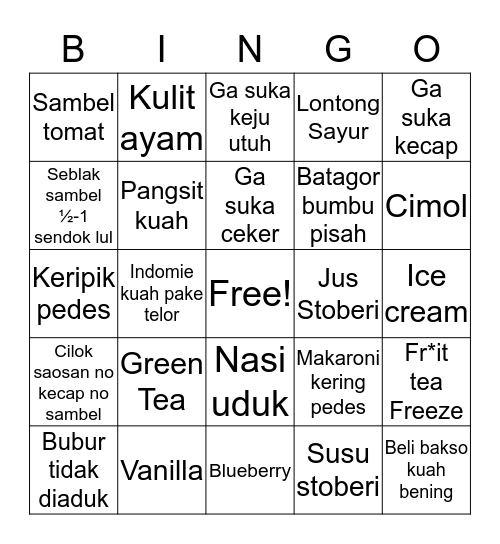 Bingonya Nel Edisi Makanan dan Minuman Bingo Card