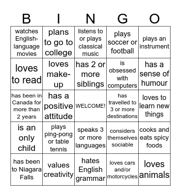 ESL E     2019:  Find someone who  Bingo Card