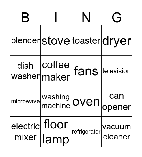 ELECTRICAL HOME APPLIANCES Bingo Card