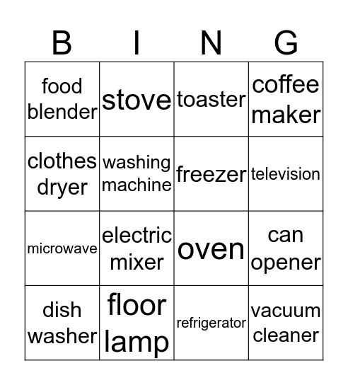 ELECTRICAL   HOME   APPLIANCES Bingo Card