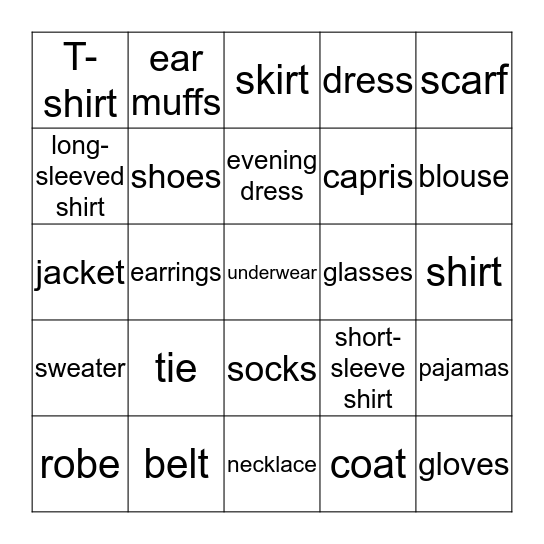 CLOTHING & ACCESSORIES Bingo Card