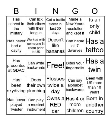 GDAC - Get to Know You Bingo Card