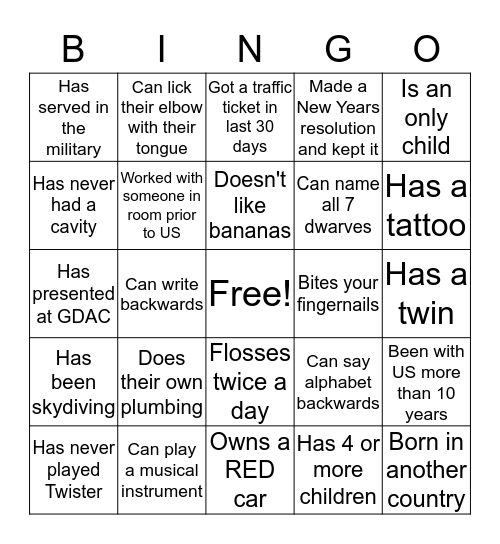 GDAC - Get to Know You Bingo Card
