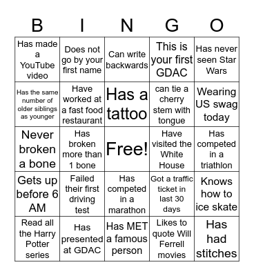 GDAC - Get to Know You Bingo Card