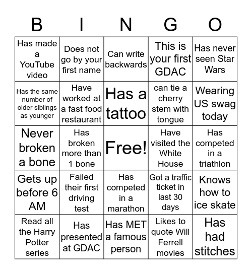 GDAC - Get to Know You Bingo Card