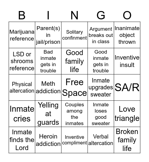 Girls Incarcerated Bingo Card