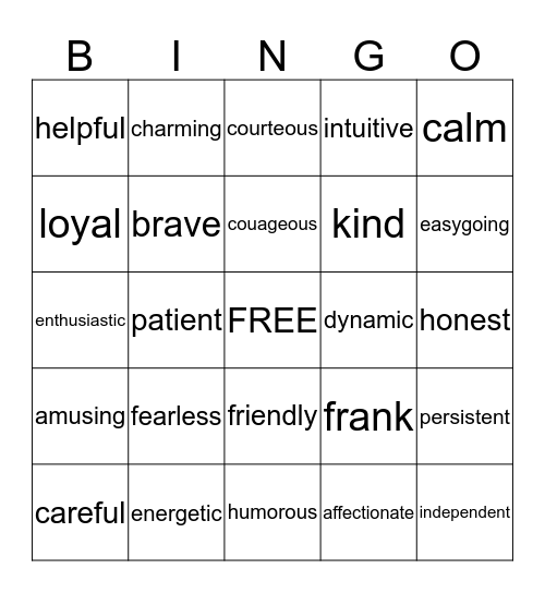 Adjectives Describing People Bingo Card