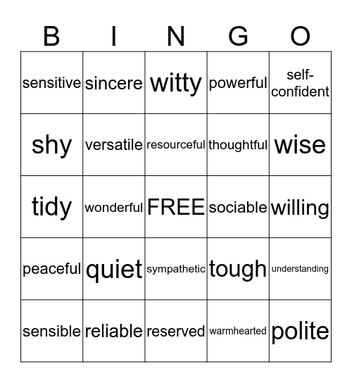 Adjectives Describing People 2 Bingo Card