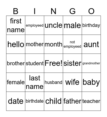 Personal Information Bingo Card