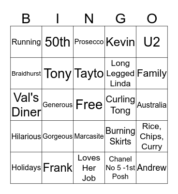 Linda's 50th Birthday Bingo Card