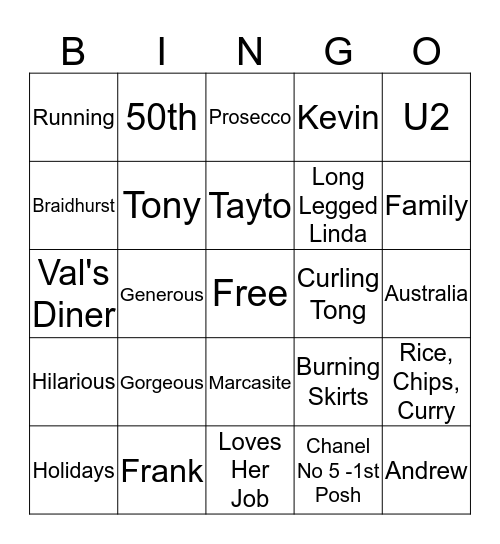 Linda's 50th Birthday Bingo Card