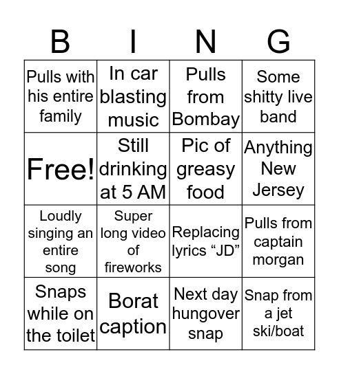 Connor’s 4th of July Snapchat Bingo Card