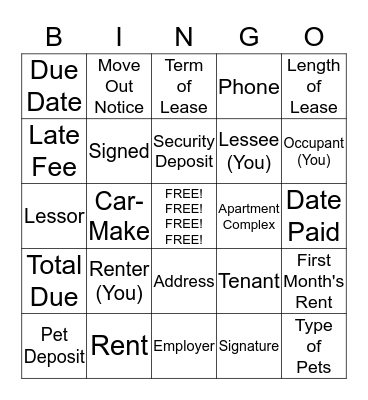 Leases Bingo Card