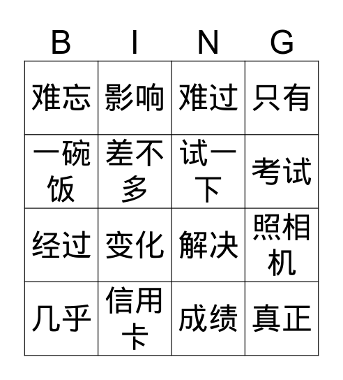 Intermediate Unit 20 Bingo Card