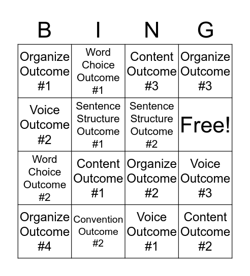 Writing Outcomes Bing Bingo Card