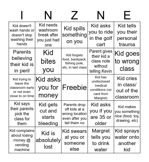 InZone Kid Bingo Card