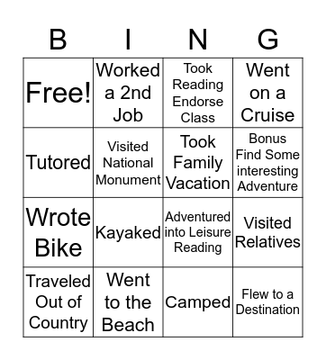 PVES Adventures Bingo Card
