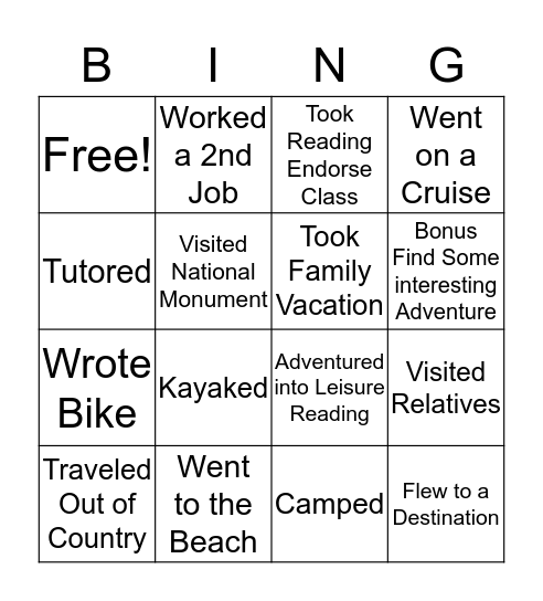 PVES Adventures Bingo Card
