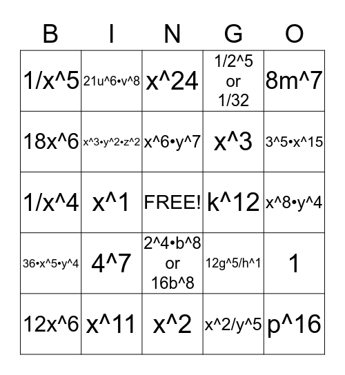 Exponent Review Bingo Card