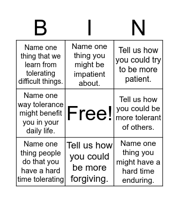 Tolerance Bingo Card