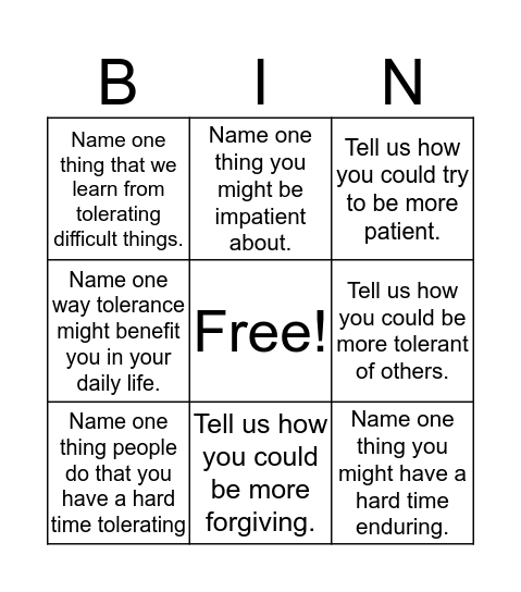 Tolerance Bingo Card