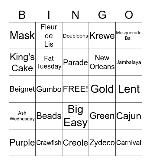 Mardi Gras Bingo Card