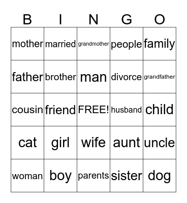 Family / Relationships Bingo Card