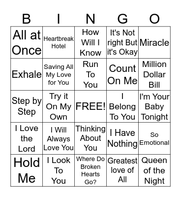 Whitney Houston Bingo Card