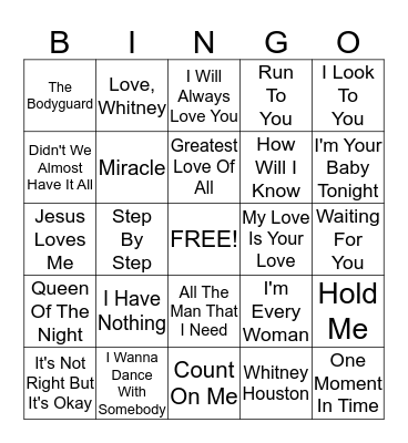 Whitney Houston Bingo  Bingo Card