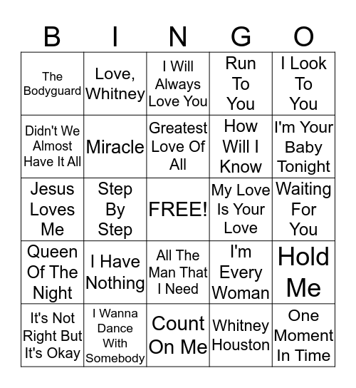 Whitney Houston Bingo  Bingo Card