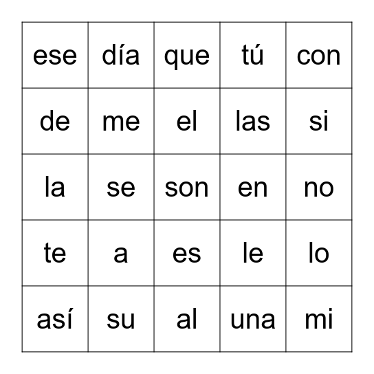 Palabras de alta frequencia Bingo Card