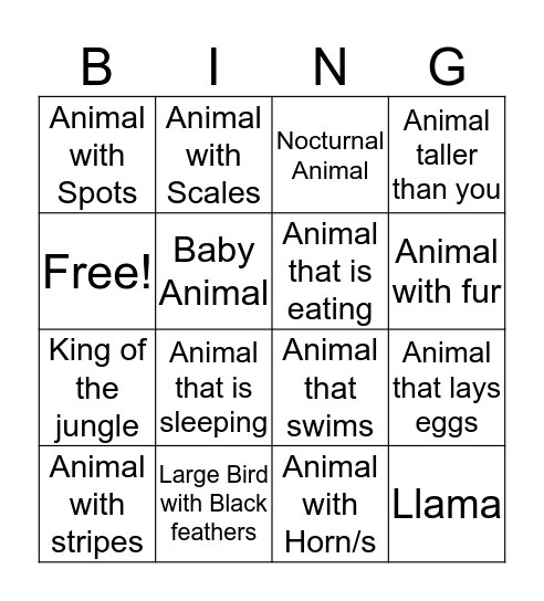 Zoo Bingo Card