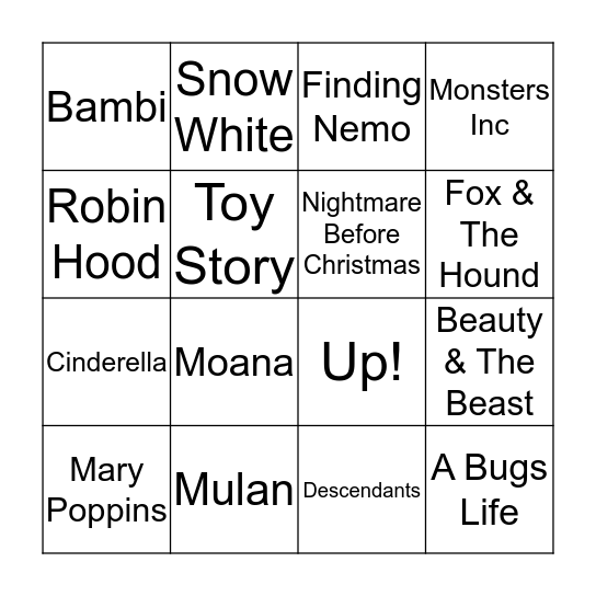 Disney Music Bingo Card
