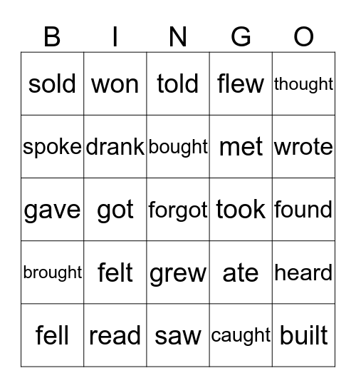 Irregular Past Simple verbs Bingo Card