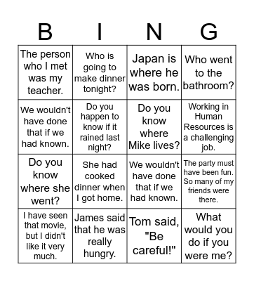 English 125 Bingo Card