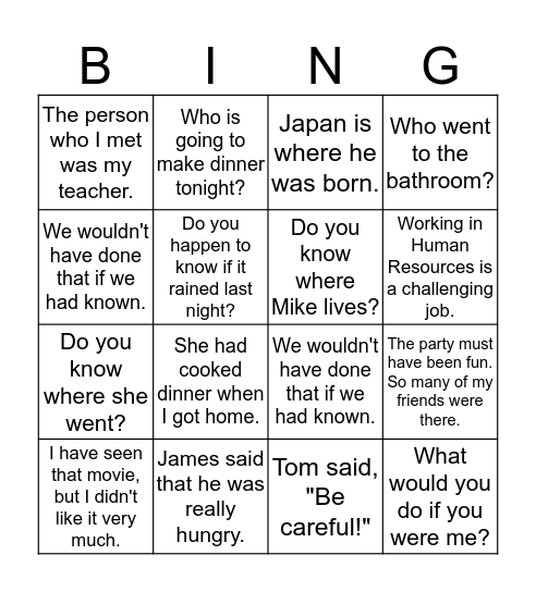 English 125 Bingo Card