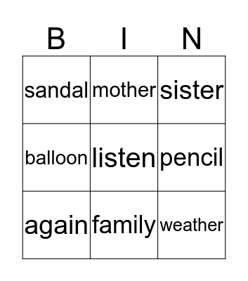 "schwa" sound BINGO Card