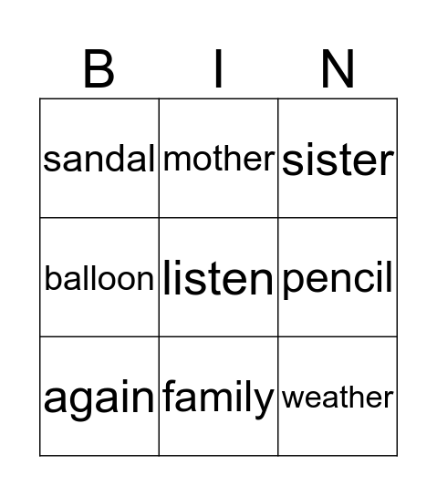"schwa" sound BINGO Card
