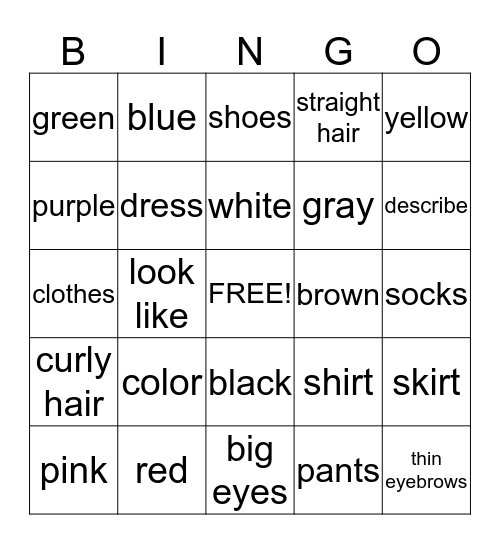 Colors and Descriptions Bingo Card