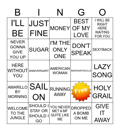 KAMIKAZI KARAOKE 7-3-2 Bingo Card